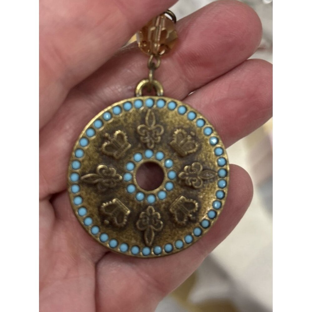 SiSi Amber Brass Bronze Turquoise Color Stone Round Pendant